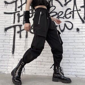 Black Cargo Pants Women Loose Chained Pants Multi-Pocket Multi-Zip Punk Goth Pan